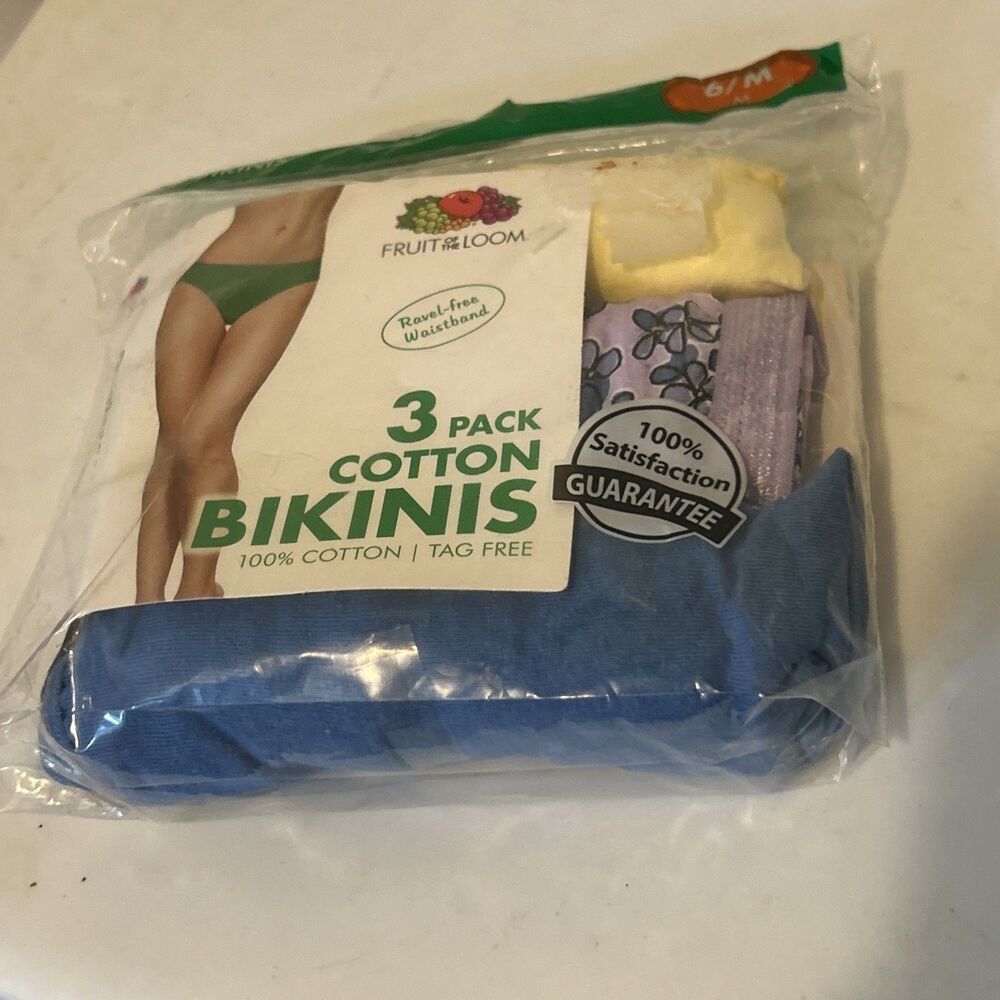NOS 3 Pair Fruit Of The Loom Cotton Bikinis Size 6 Deadstock Blue Yellow Floral